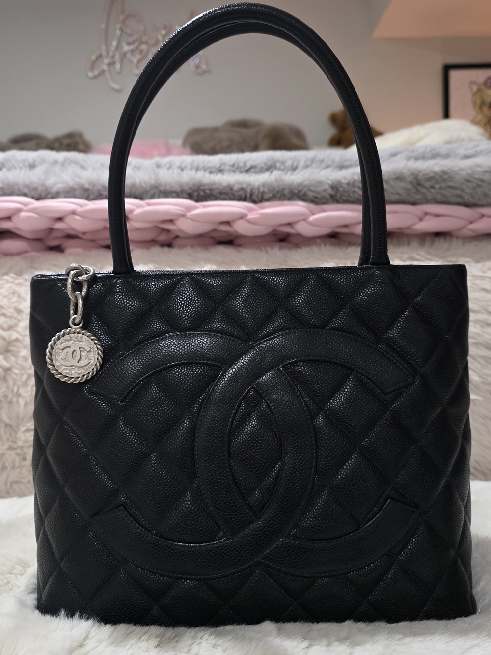 100% Authentic Black Cavier Medallion tote with silver coin charm